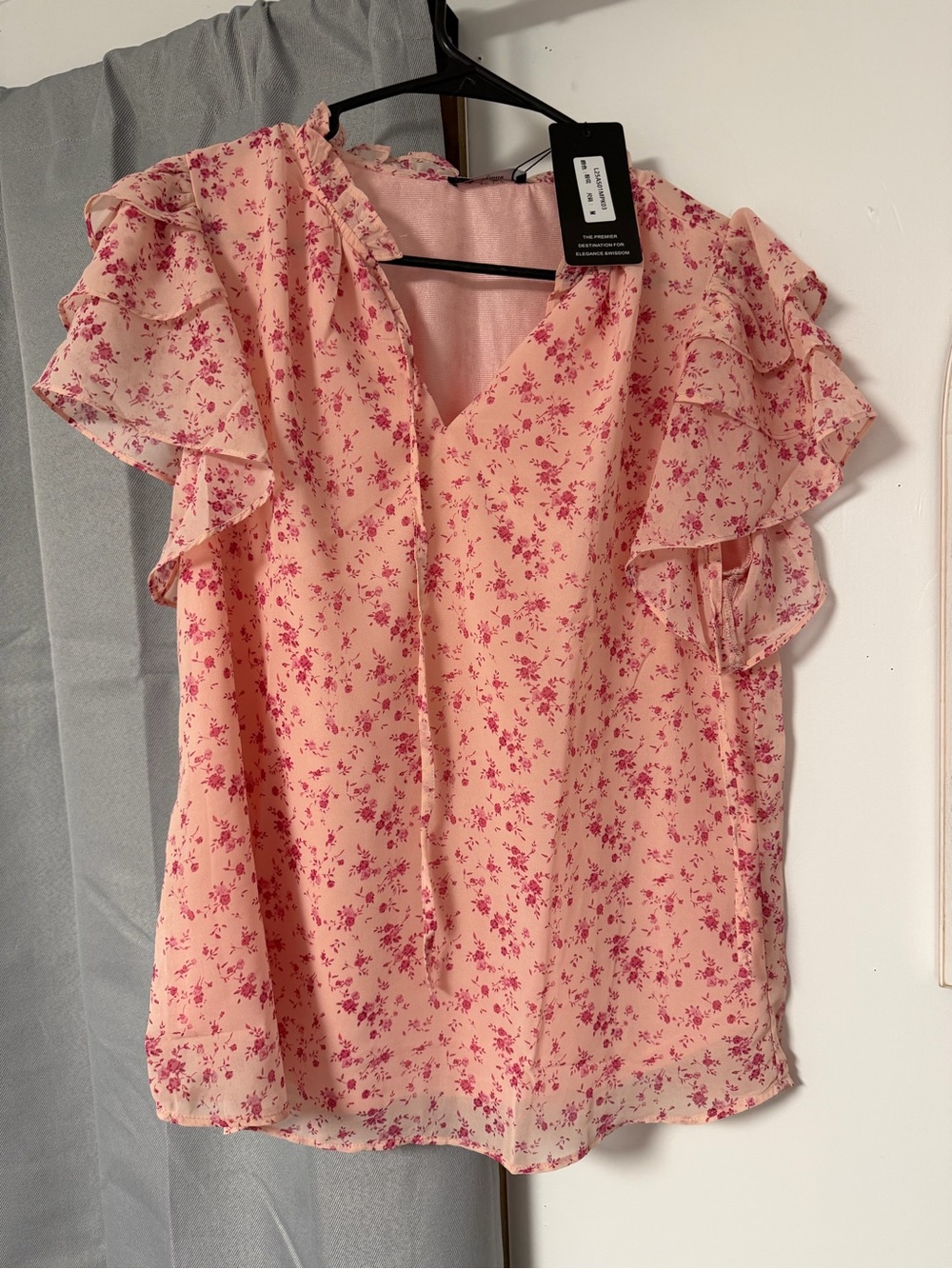Floral Pink Ruffle Sleeve V-Neck Blouse